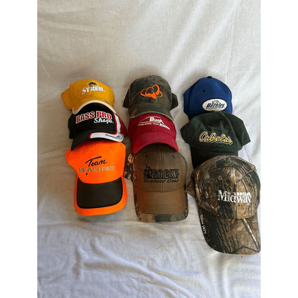 Men's Outdoor Themed Baseball Hat Lot of Nine Cabela's, Buck, Realtree, Bass Pro